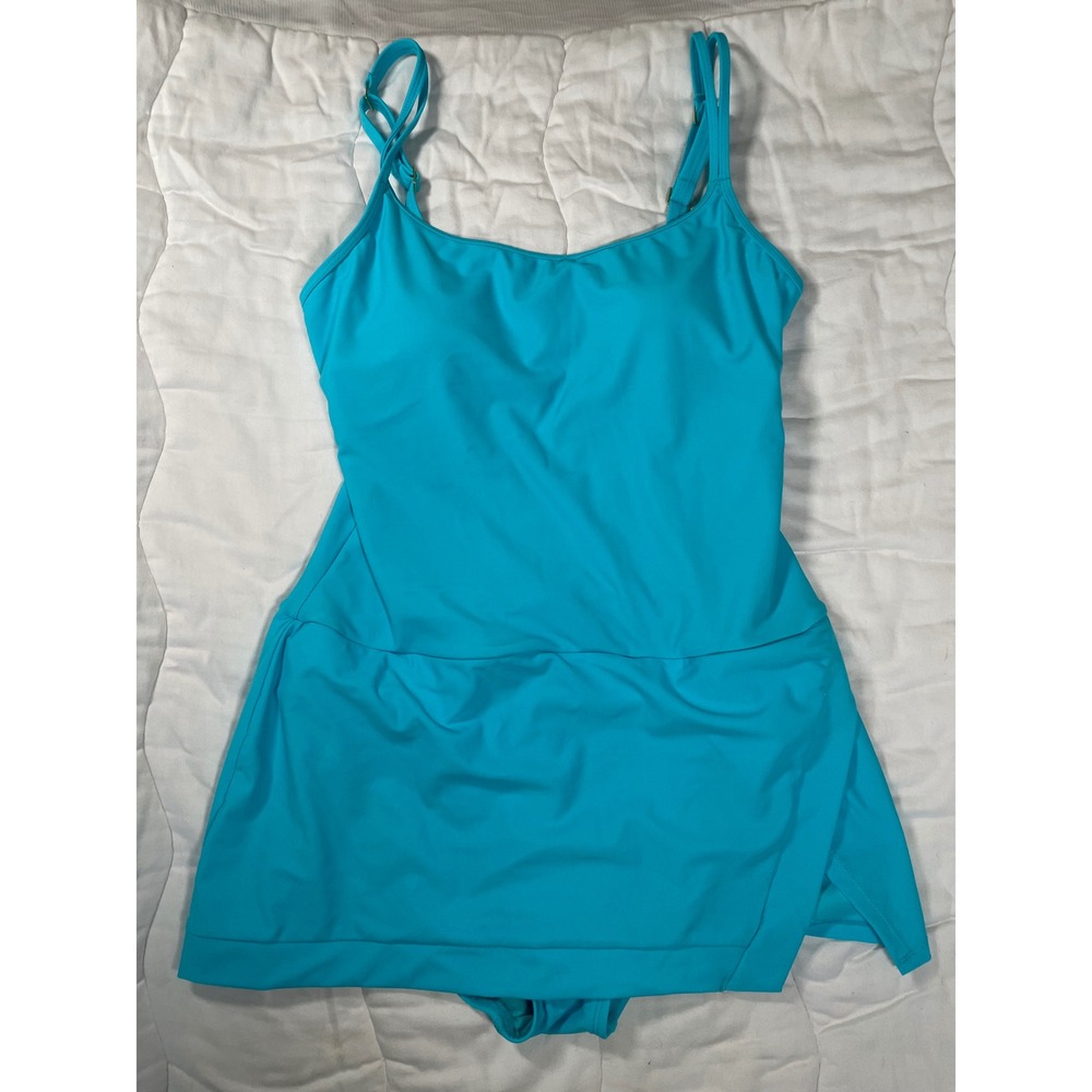 Crown & Ivy Women Turquoise Blue Skirted One Piece Swim Dress Swimsuit Size 10